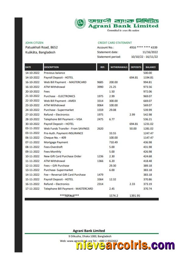Bangladesh Agrani Bank statement